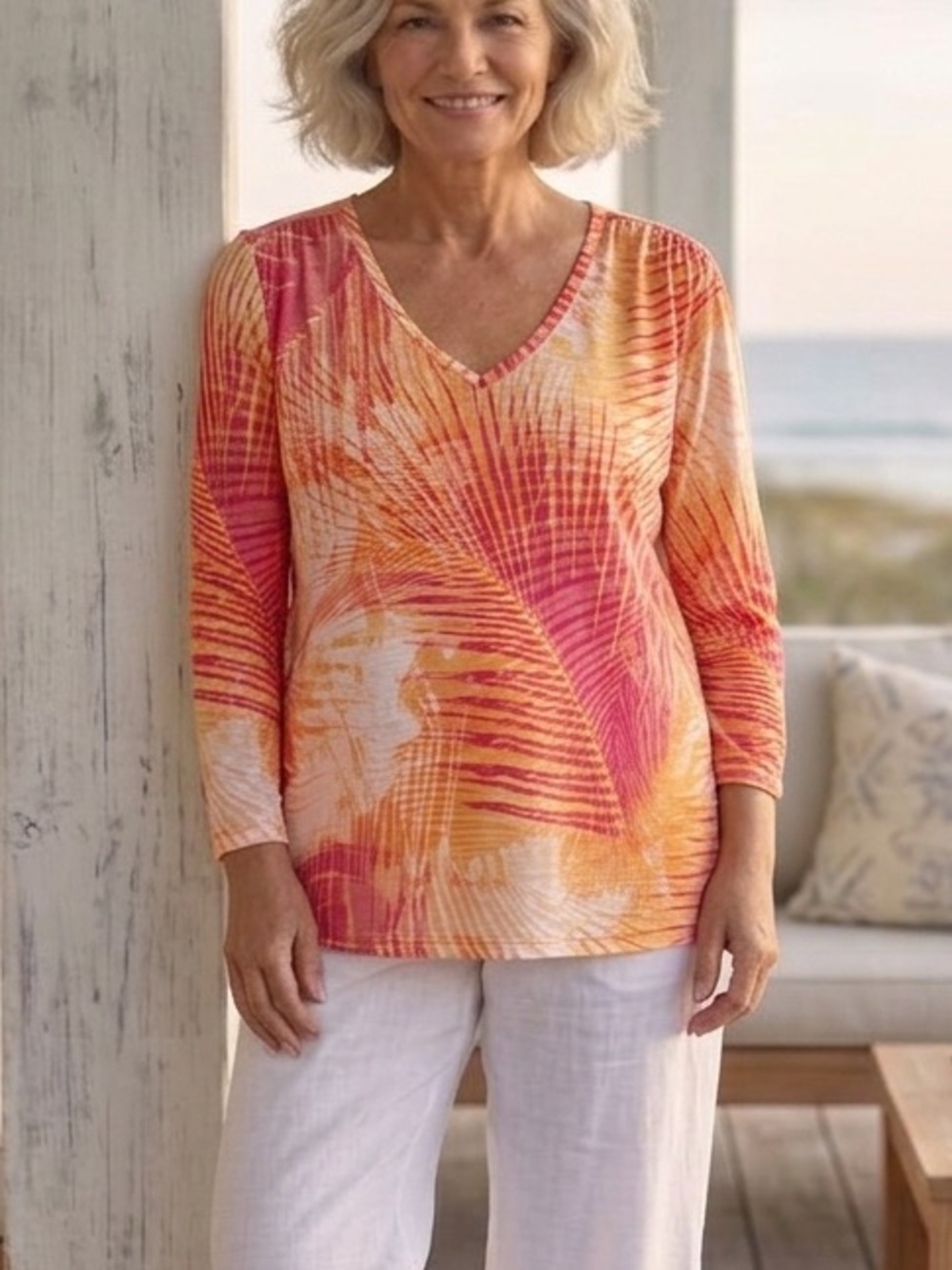 Chico’s Tropical Palm L/S V-Neck Pullover Orange Pink White Ruched Cuffs 4/ XXL
